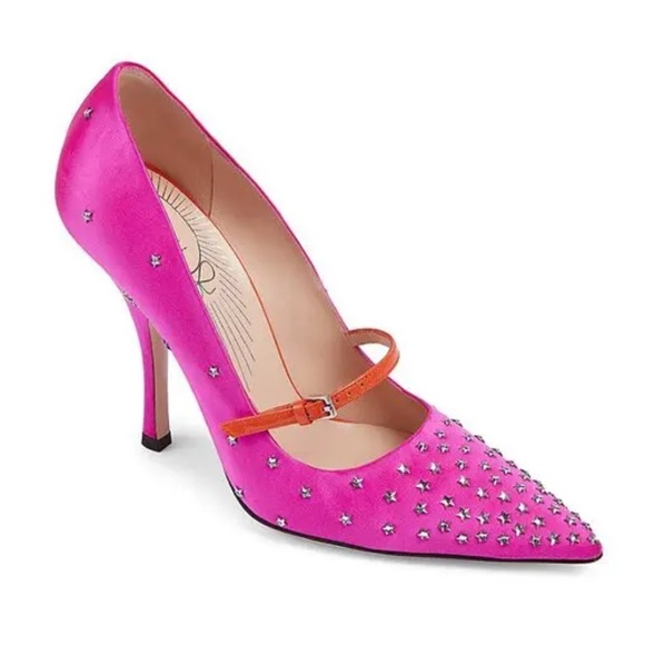 Gucci Jodie Crystal Stars Embellished Satin Pumps Fuchsia Size 41 NIB - Picture 5 of 14